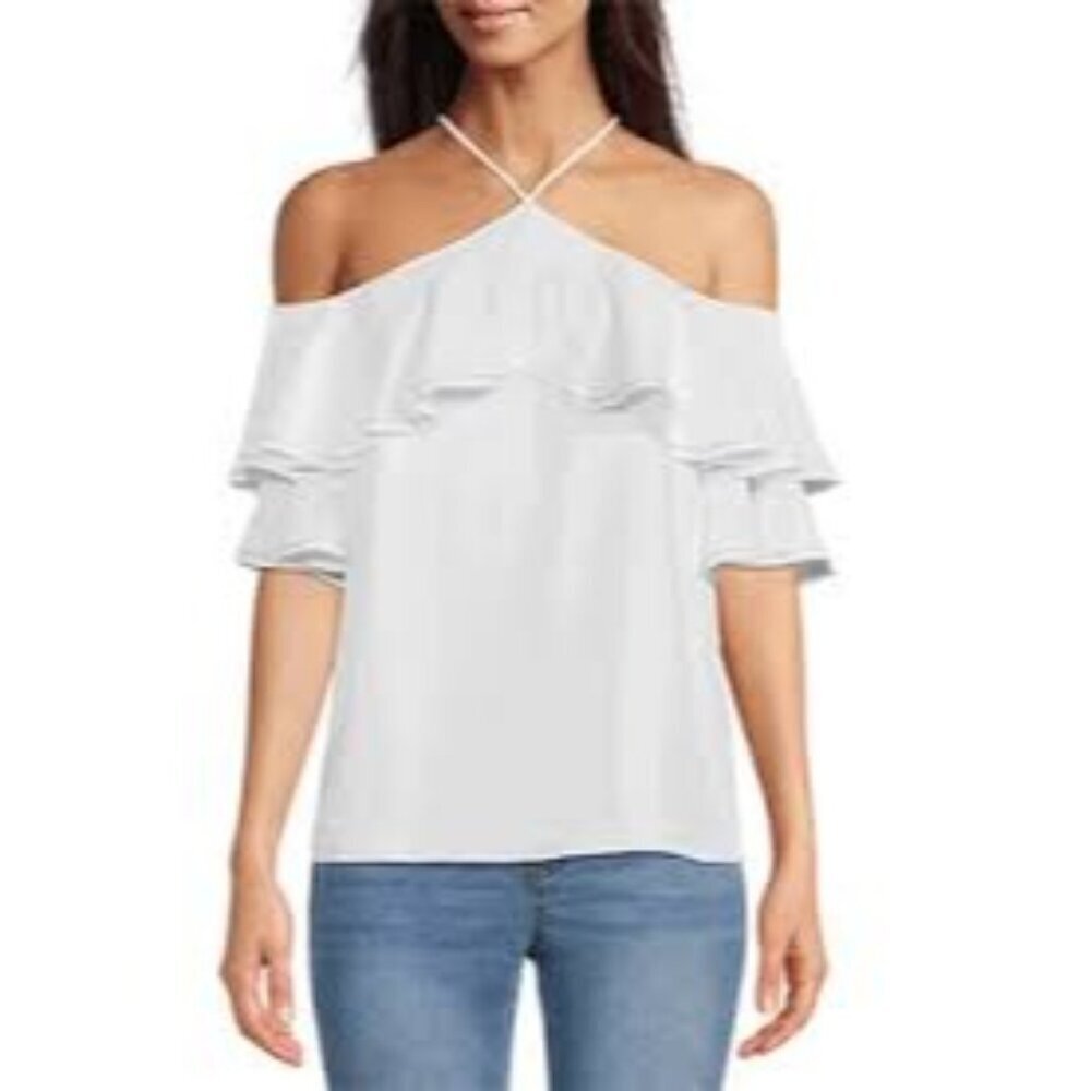 GIBSON LATIMER $69 WOVEN HALTER NECK RUFFLE TOP LG NEW WITH TAG